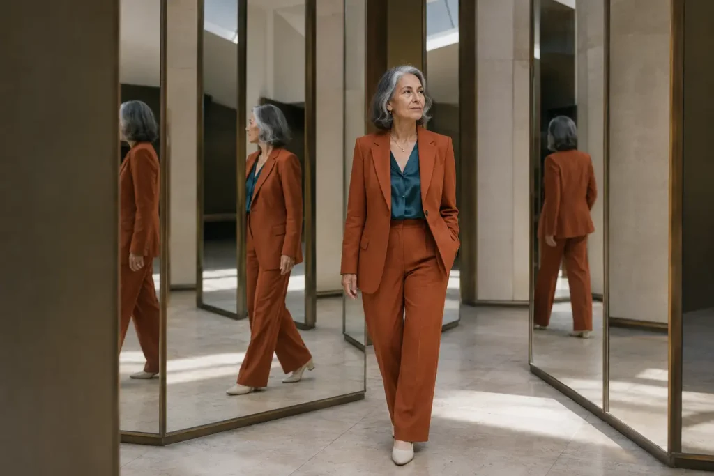 Mulher observando diferentes reflexos de si mesma sem escolher apenas uma imagem como definição