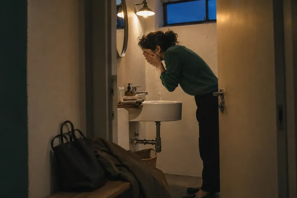Mulher cansada fazendo uma rotina curta de skincare antes de dormir