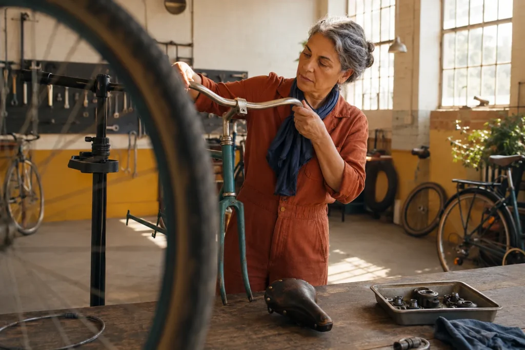 Mulher reconstruindo cuidadosamente uma bicicleta antiga em uma oficina comunitária