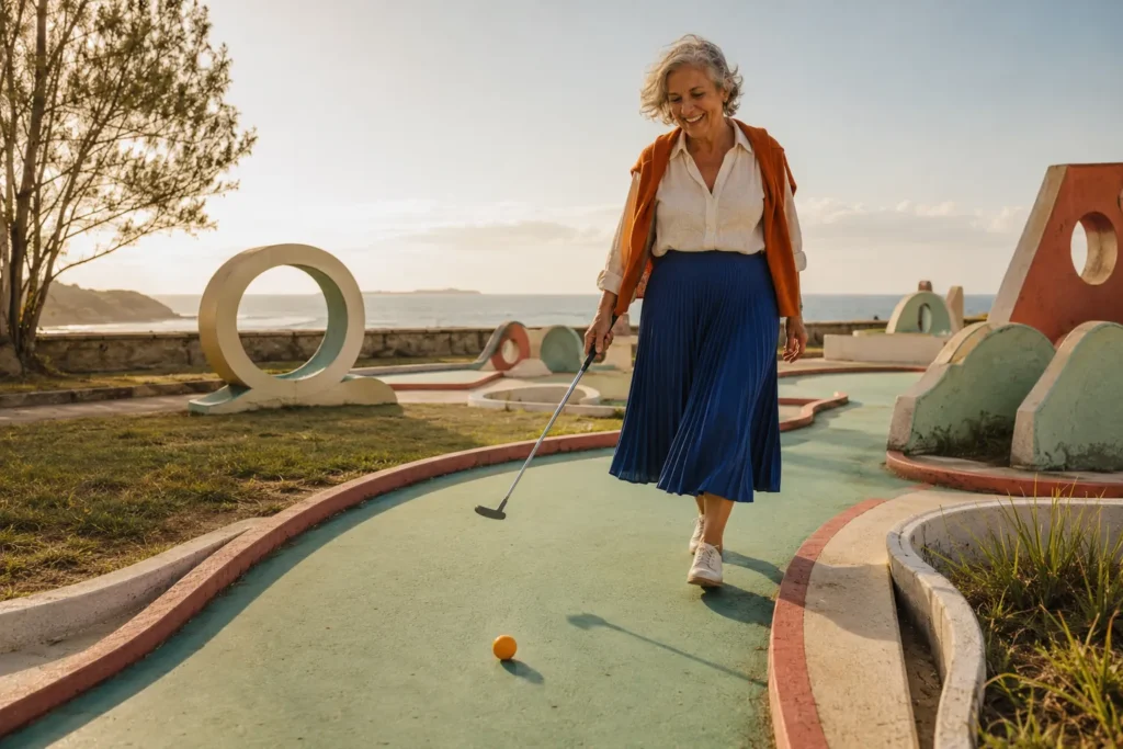 Mulher mais velha se divertindo em um campo de minigolfe sem se preocupar com desempenho
