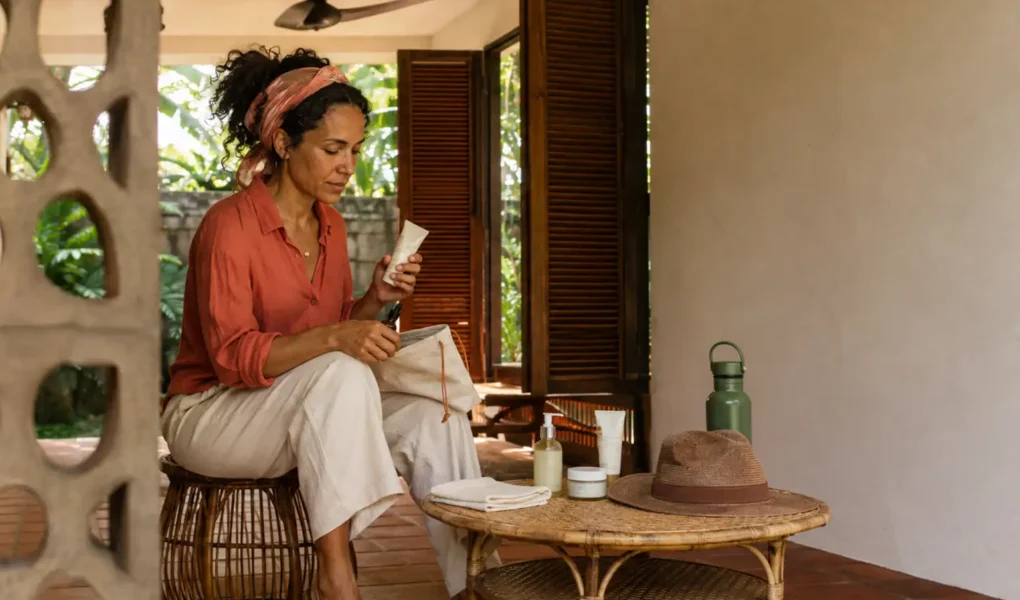 Mulher ajustando as camadas de skincare em uma manhã quente e úmida