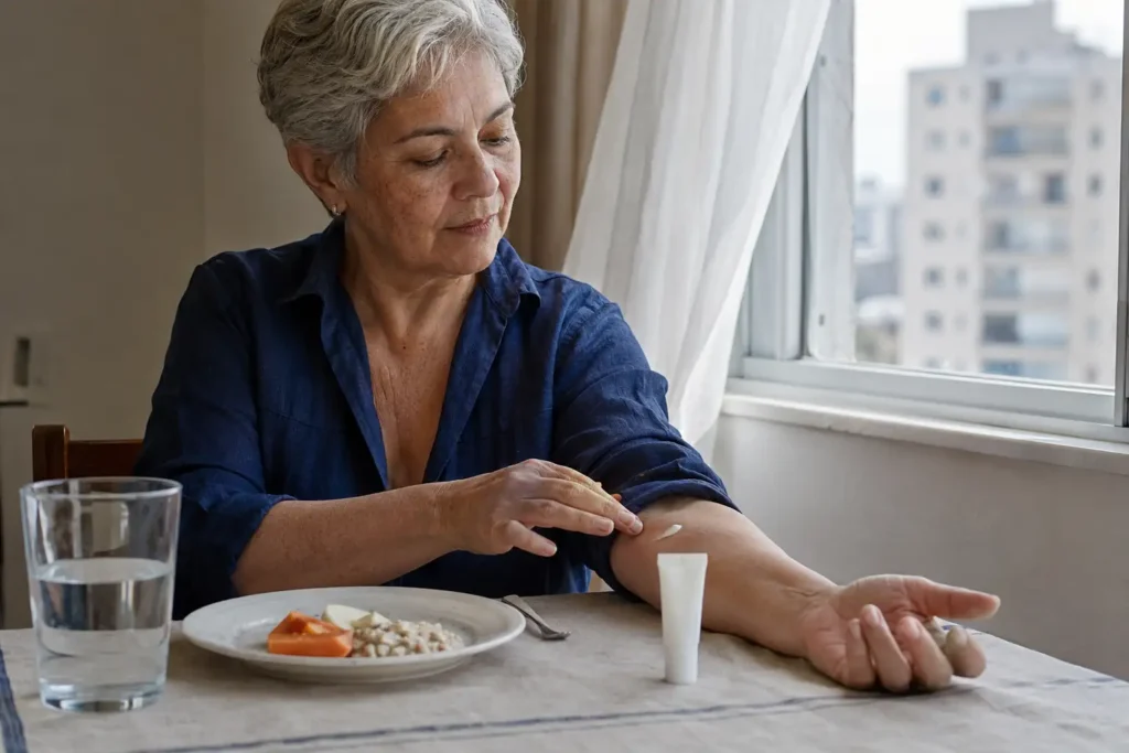 Mulher aplicando pequena quantidade de creme no antebraço antes de usar no rosto