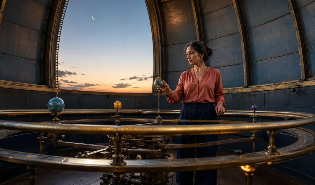 Mulher refletindo sobre diferentes aspectos da rotina dentro de um observatório histórico