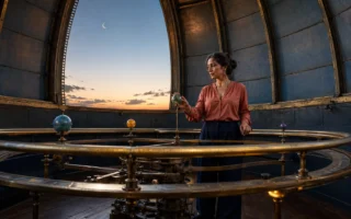 Mulher refletindo sobre diferentes aspectos da rotina dentro de um observatório histórico