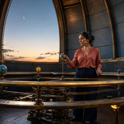 Mulher refletindo sobre diferentes aspectos da rotina dentro de um observatório histórico