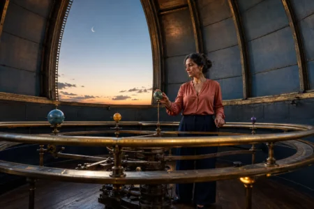 Mulher refletindo sobre diferentes aspectos da rotina dentro de um observatório histórico