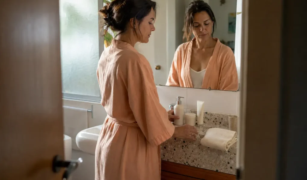 Mulher organizando uma rotina simples de skincare com poucos produtos no banheiro