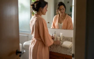 Mulher organizando uma rotina simples de skincare com poucos produtos no banheiro