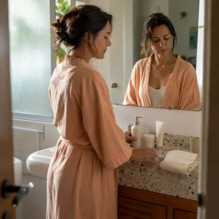 Mulher organizando uma rotina simples de skincare com poucos produtos no banheiro
