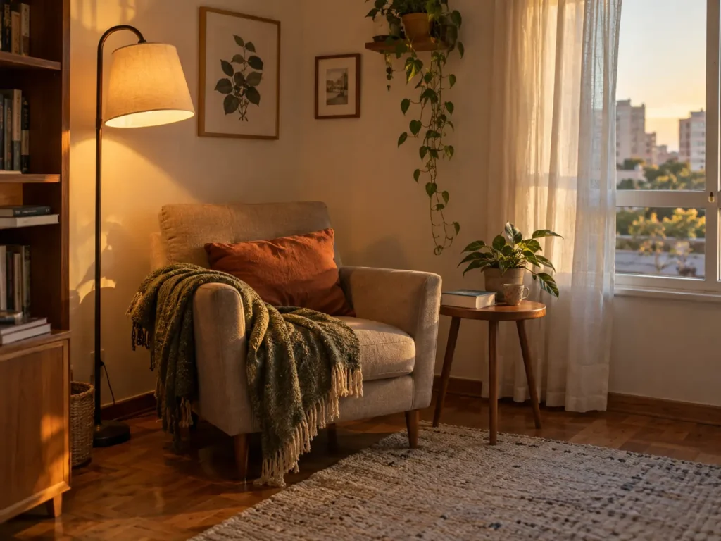 Pequeno canto de leitura com cadeira, luminária e mesa lateral em uma casa aconchegante