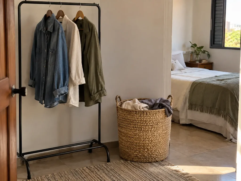 Canto do quarto com cabideiro e cesta para roupas usadas novamente
