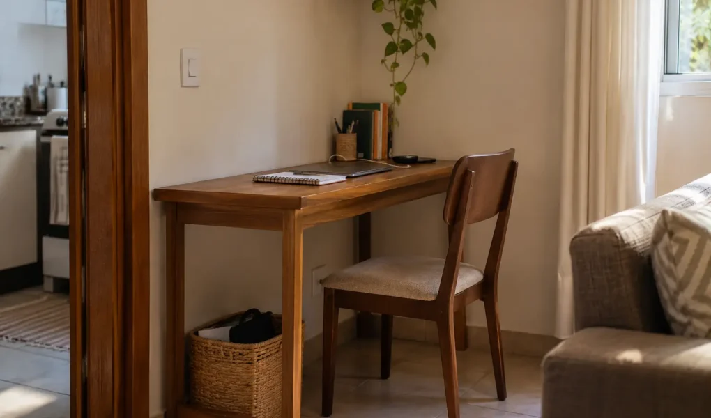 Canto vazio da casa transformado em espaço funcional com mesa estreita e cadeira