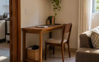 Canto vazio da casa transformado em espaço funcional com mesa estreita e cadeira