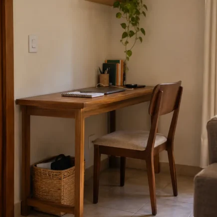Canto vazio da casa transformado em espaço funcional com mesa estreita e cadeira