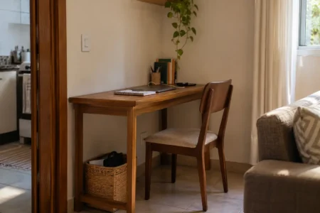 Canto vazio da casa transformado em espaço funcional com mesa estreita e cadeira