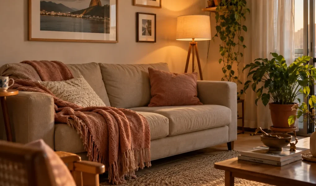 Sala aconchegante com iluminação suave, manta, plantas e decoração simples