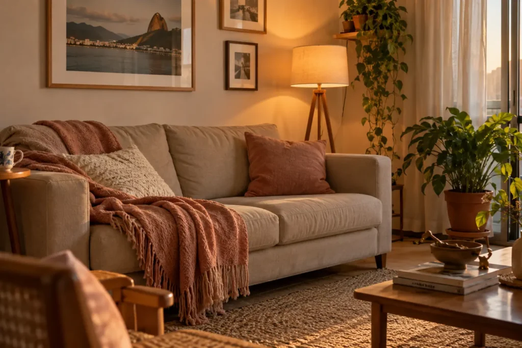 Sala aconchegante com iluminação suave, manta, plantas e decoração simples