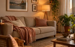 Sala aconchegante com iluminação suave, manta, plantas e decoração simples