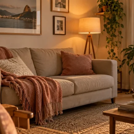 Sala aconchegante com iluminação suave, manta, plantas e decoração simples