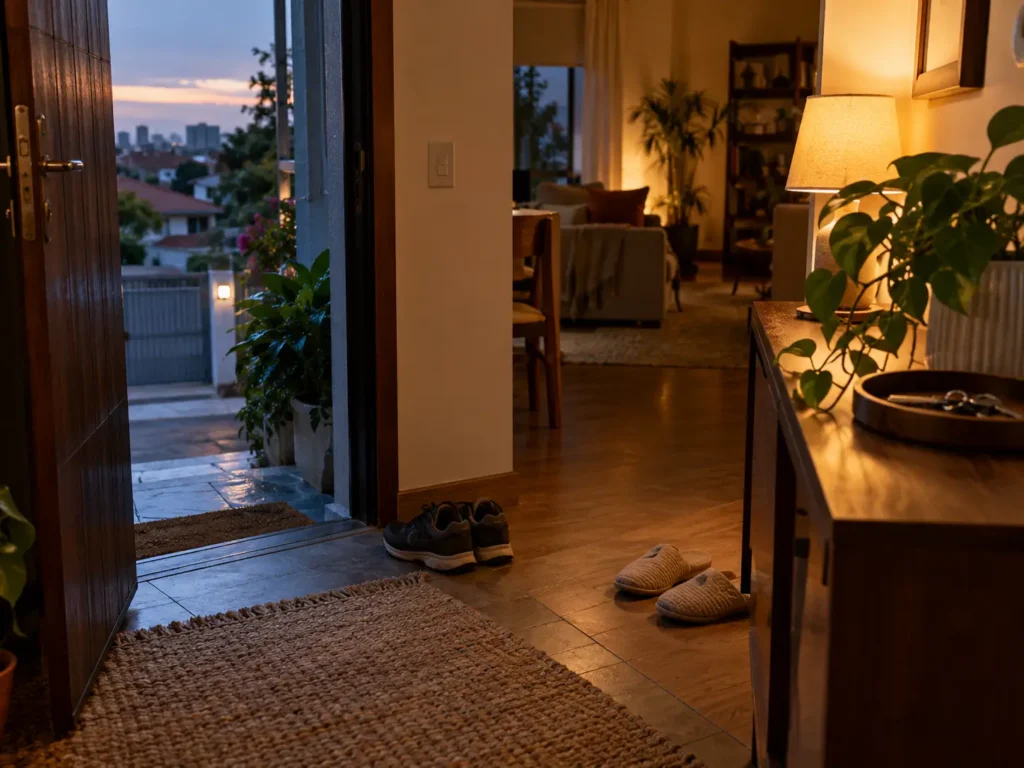 Entrada de casa com sapatos próximos à porta e iluminação suave no interior