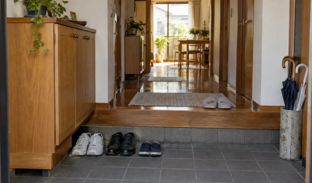 Genkan japonês com área rebaixada para sapatos e piso interno elevado
