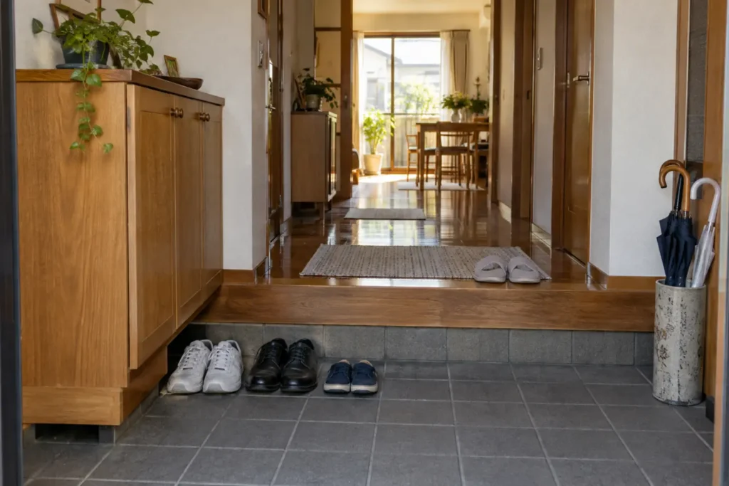 Genkan japonês com área rebaixada para sapatos e piso interno elevado