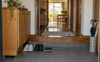 Genkan japonês com área rebaixada para sapatos e piso interno elevado