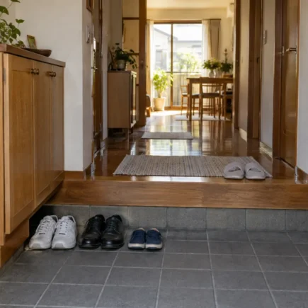 Genkan japonês com área rebaixada para sapatos e piso interno elevado
