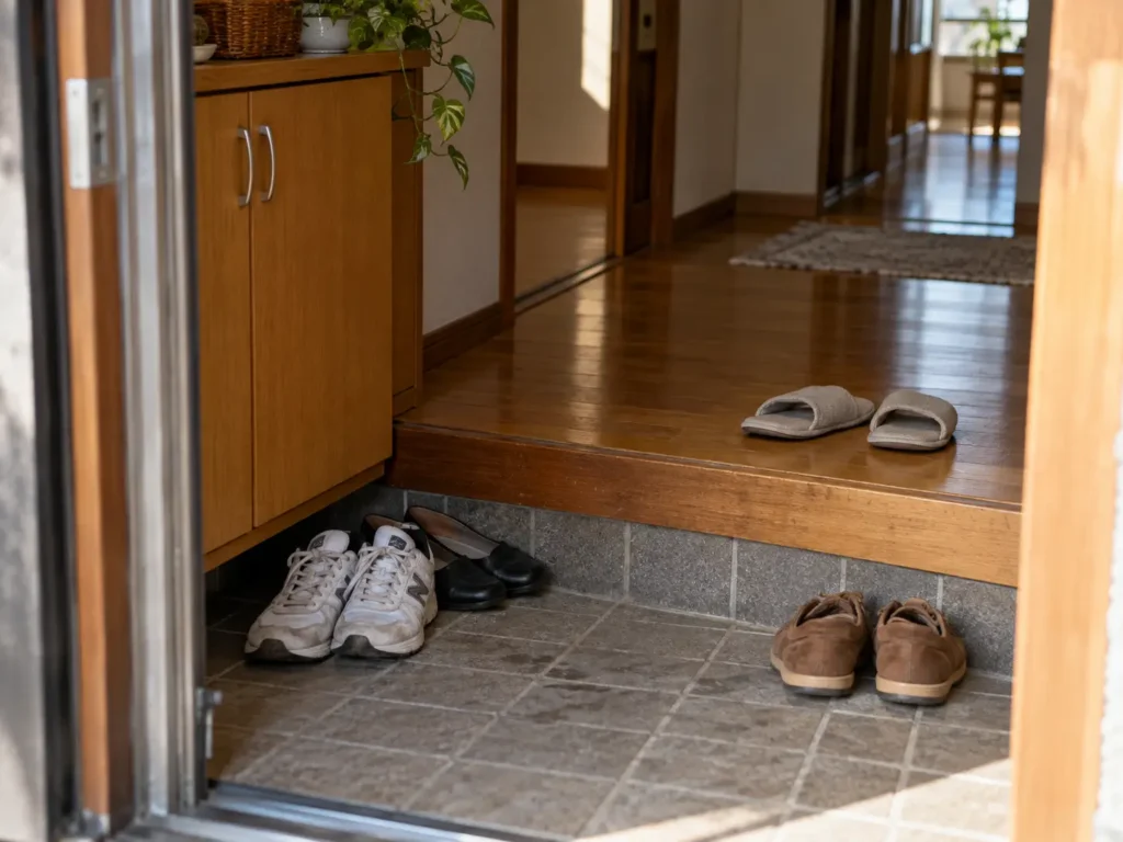 Sapatos organizados na parte rebaixada de um genkan japonês