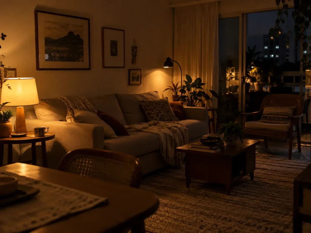 Sala à noite com abajur e iluminação quente criando um ambiente aconchegante