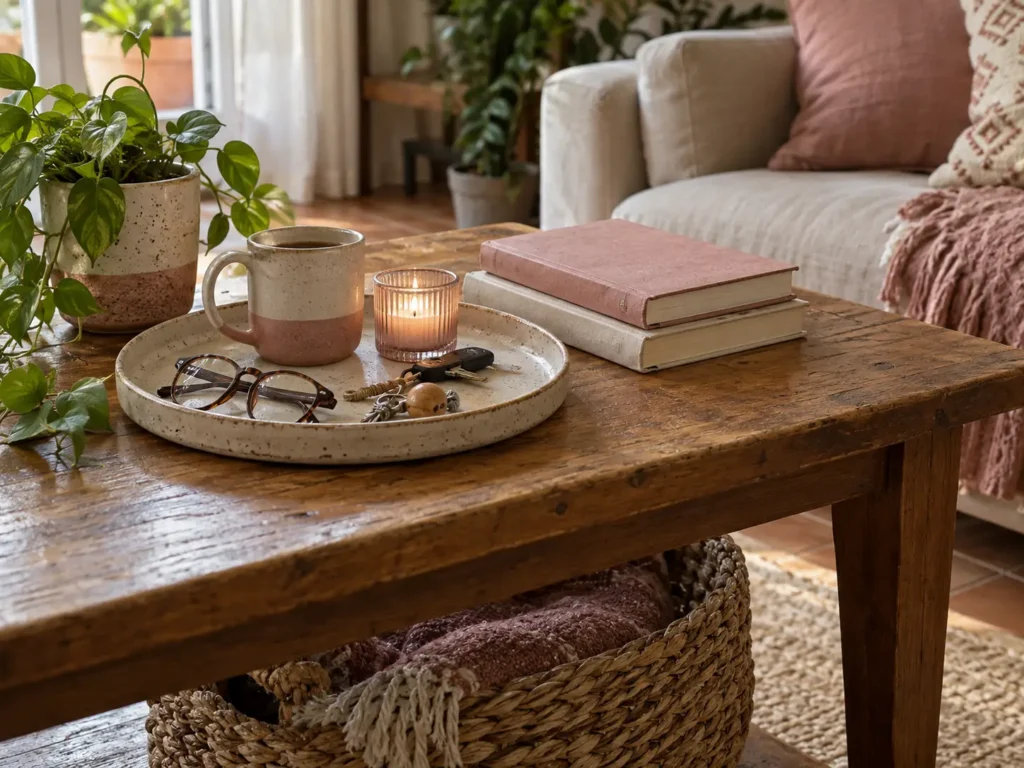 Bandeja com caneca, livros e pequenos objetos organizando uma mesa de forma bonita