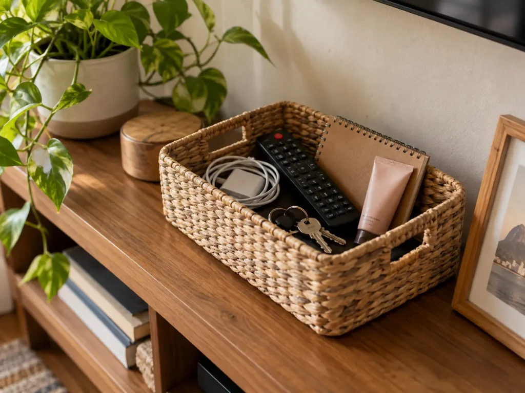 Cesto aberto com objetos de uso frequente organizados de forma simples e acessível