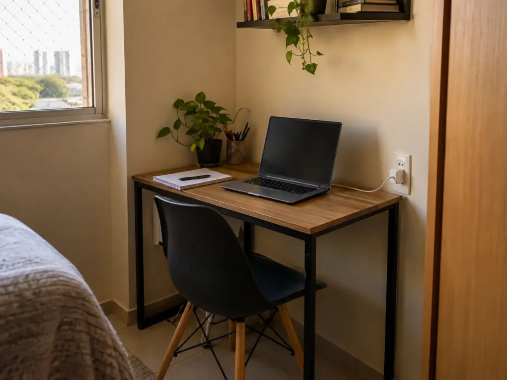 Pequeno espaço de trabalho com notebook em canto pouco usado da casa