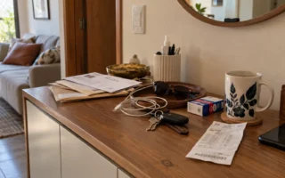 Bancada de casa com objetos do dia a dia voltando a se acumular após a organização