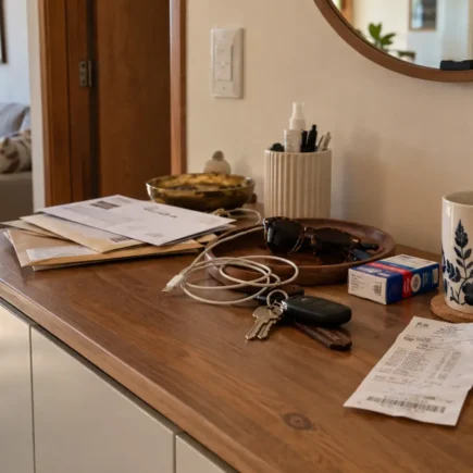Bancada de casa com objetos do dia a dia voltando a se acumular após a organização