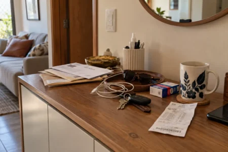 Bancada de casa com objetos do dia a dia voltando a se acumular após a organização