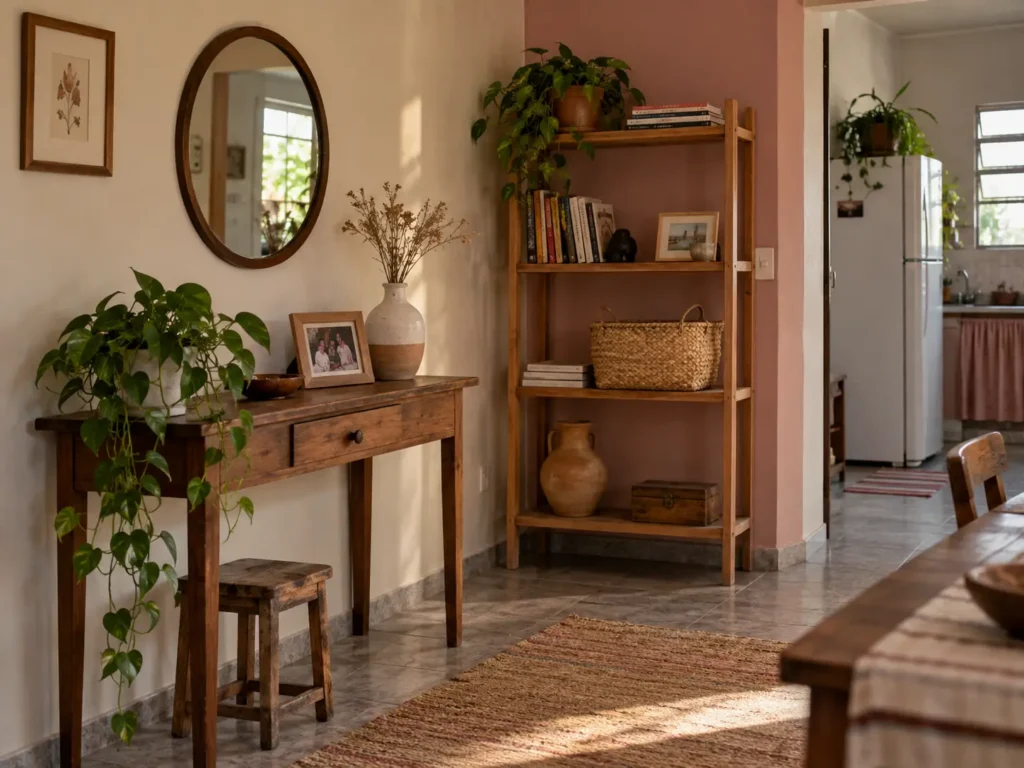 Mesa e estante reorganizadas com livros, vaso e objetos que já estavam na casa