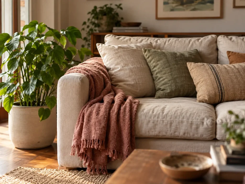 Sofá com manta, almofadas e planta em uma decoração simples e acolhedora