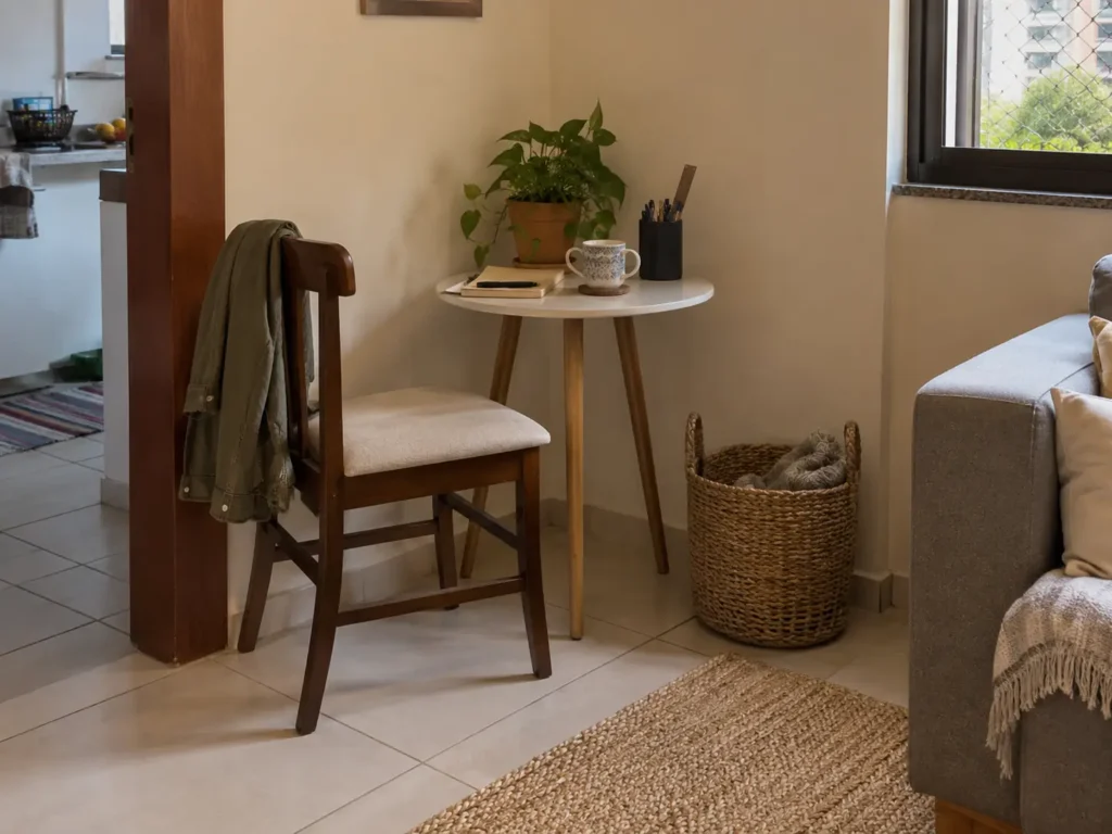 Canto da casa sendo testado com mesa e cesta simples antes de comprar novos móveis